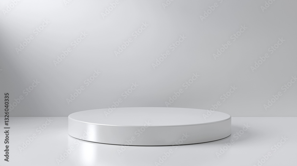 Shiny white round pedestal podium. Abstract high quality 3d concept illuminated pedestal by spotlights on white background. Futuristic background can be add on banners flyers ro web. 3d render