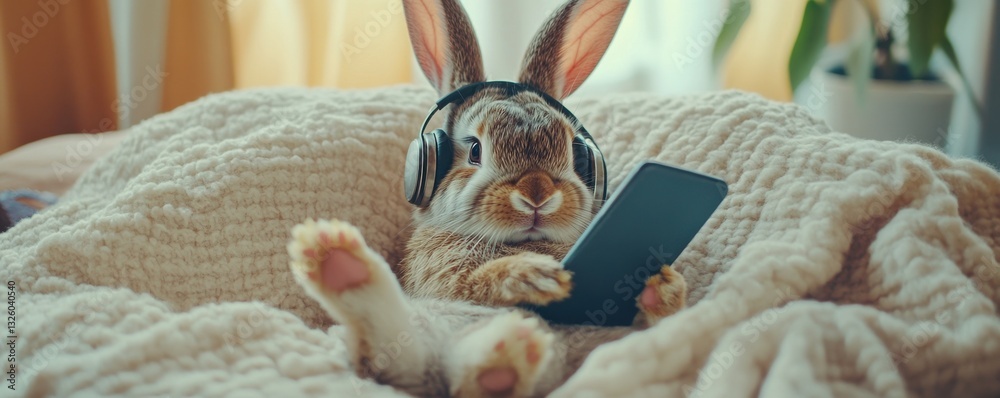 A cozy rabbit enjoying music while lounging on a soft blanket, wearing headphones and holding a smartphone in its paws on a leisurely afternoon at home video