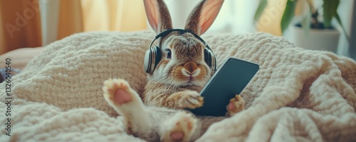 Obraz na płótnie A cozy rabbit enjoying music while lounging on a soft blanket, wearing headphones and holding a smartphone in its paws on a leisurely afternoon at home video w salonie