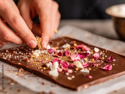 A close-up of hands decorating a chocolate slab with colorful toppings, including rose petals and sprinkles, creating an aesthetically pleasing treat.