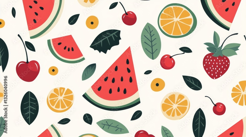 32.A seamless pattern featuring flat geometric icons of fresh fruits like watermelon slices, cherries, strawberries, and orange wedges. The design incorporates simple leaves and abstract shapes in a 32.A seamless pattern featuring flat geometric icons of fresh fruits like watermelon slices, cherries, strawberries, and orange wedges. The design incorporates simple leaves and abstract shapes in a