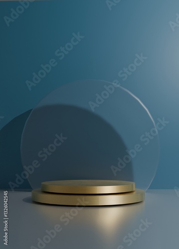 3D Render A gold and clear pedestal with a blue background