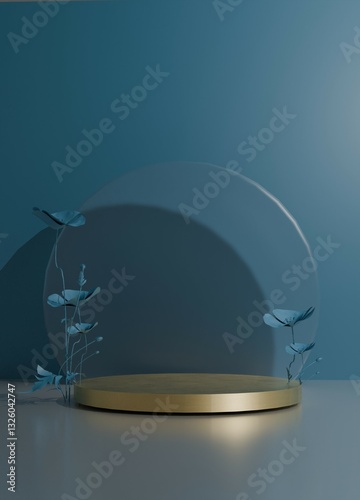 3D Render A blue background with a gold and clear round pedestal with flowers on it