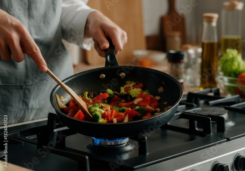 Chef cooking colorful vegetables in a frying pan on the stove