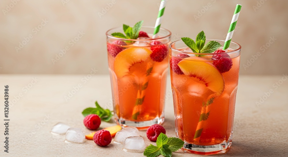 Two tall glasses of a refreshing, orange-red chilled drink. Each glass is filled with ice cubes, slices of peach, raspberries, and garnished with fresh mint leaves Two tall glasses of a refreshing, orange-red chilled drink. Each glass is filled with ice cubes, slices of peach, raspberries, and garnished with fresh mint leaves