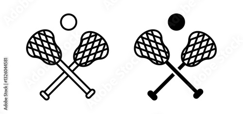 Lacrosse stick ball vector icon set black filled and outlined style.