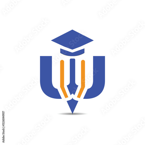 The image shows a flat logo design of an initial W with pen and toga in orange and blue. 