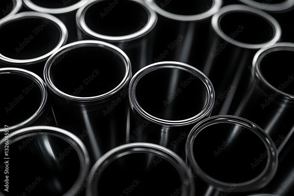 Close-up of glossy black metal pipes stacked against a black background, showcasing intricate details and cinematic lighting in a super-realistic, high-resolution industrial design concept. Close-up of glossy black metal pipes stacked against a black background, showcasing intricate details and cinematic lighting in a super-realistic, high-resolution industrial design concept.