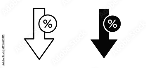 Percent down vector icon set black filled and outlined style.