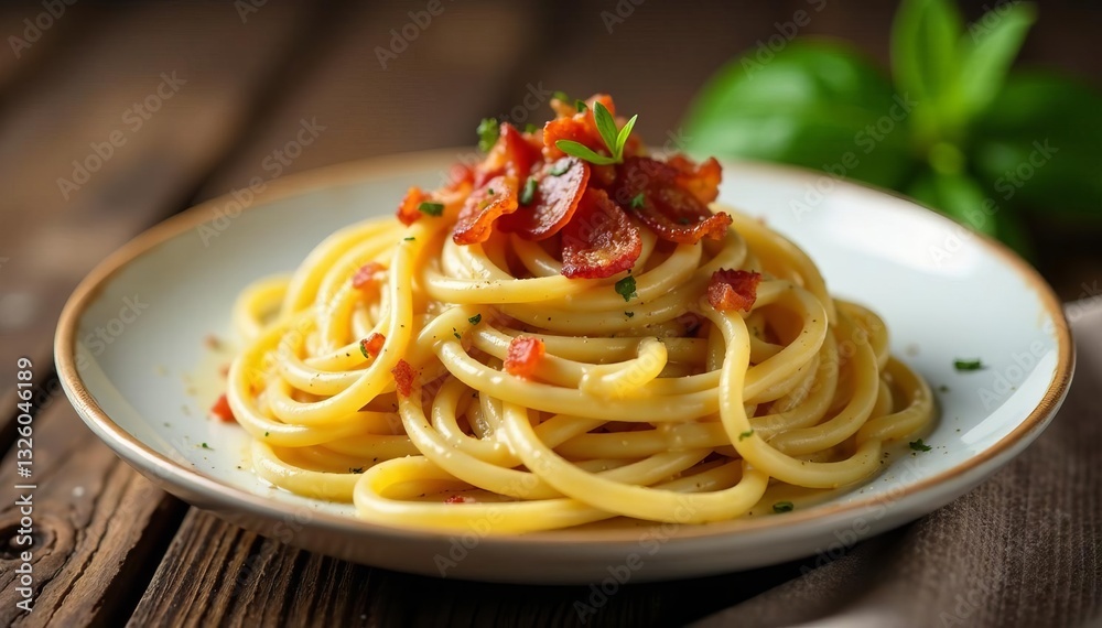 A delicious plate of spaghetti carbonara served with crispy bacon and creamy sauce on a rustic wooden table, sauce, tasty, cuisine A delicious plate of spaghetti carbonara served with crispy bacon and creamy sauce on a rustic wooden table, sauce, tasty, cuisine