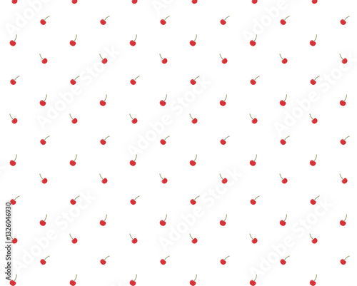 Seamless pattern with cherries. Ripe cherries are evenly distributed on a white background. Small print for printing on fabric and paper. Simple summer pattern with red berries.