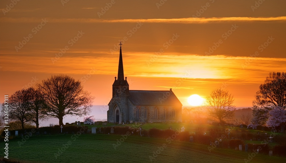 Obraz premium Witness the peaceful and heartwarming glow of Easter Sunday sunrise casting a serene light over a quiet, idyllic countryside church. A tranquil morning scene