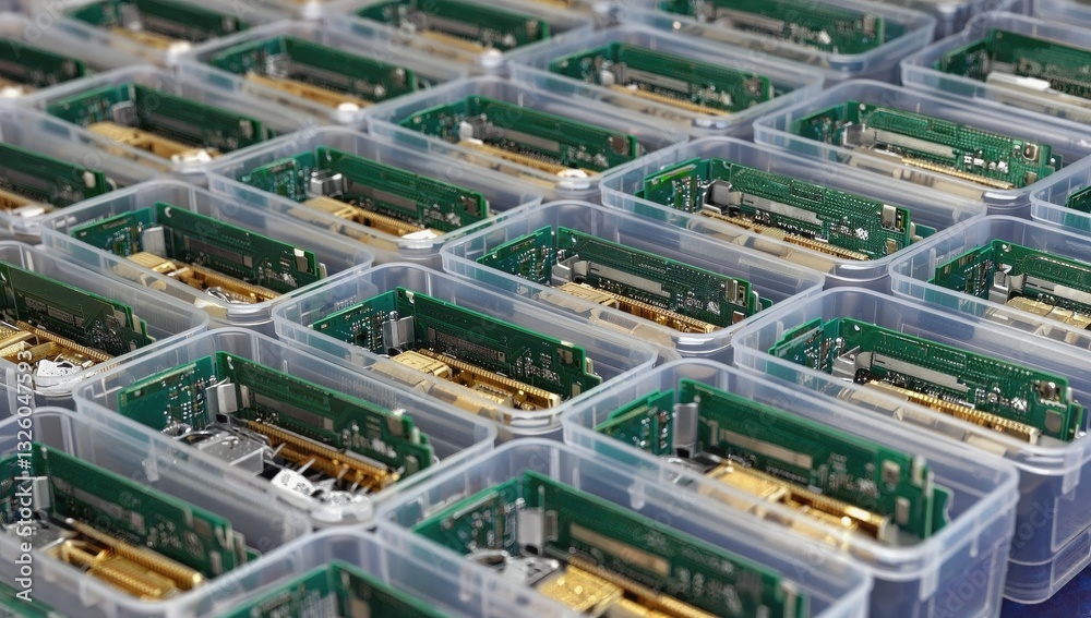 Multiple electronic circuit boards are neatly arranged in clear plastic containers in a clean workspace, showcasing their intricate designs and components during an inventory check Multiple electronic circuit boards are neatly arranged in clear plastic containers in a clean workspace, showcasing their intricate designs and components during an inventory check