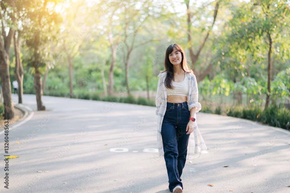 Asian woman enjoying summer day, walking outdoors and breathing fresh air in serene park with sunlight filtering through trees Asian woman enjoying summer day, walking outdoors and breathing fresh air in serene park with sunlight filtering through trees