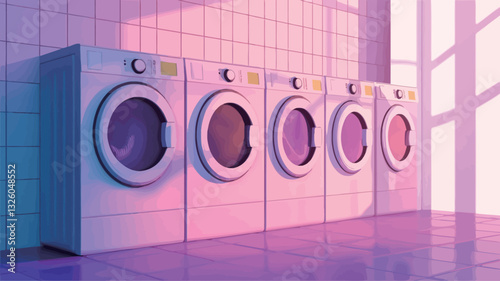 The image shows a row of four identical white washing machines positioned against a tiled wall in a laundromat. The machines are modern and clean-looking. The setting is brightly lit, with soft