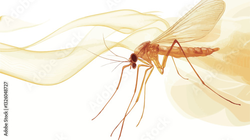 A detailed close-up, microscopic image of an insect. The insect is predominantly yellow-orange in color, with translucent wings and delicate, thin legs and antennae.  The background features a