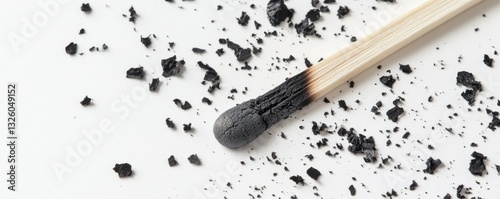 A burnt matchstick lies on a white background with scattered black ash.