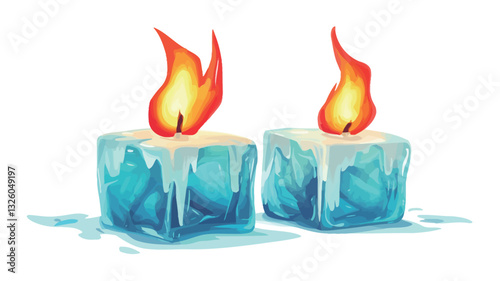 Digital illustration depicting two square ice cubes shaped like candles with orange and yellow flames atop each. The ice cubes show melting effects with water dripping down the sides. The