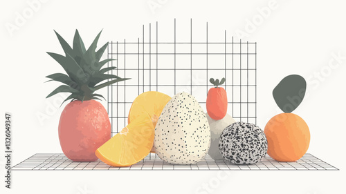 A digitally rendered still life image features a collection of stylized fruits—a pineapple, mango slices, a halved orange, rambutan, and lychee—arranged on a white surface against a backdrop of a