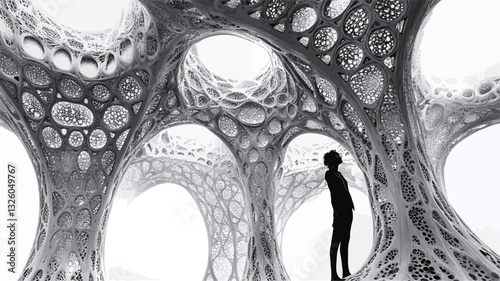 The image is a monochrome rendering of an abstract interior space. The architecture is characterized by organic, biomorphic forms with interconnected cavities and rounded shapes.  A human
