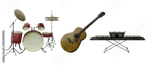 Fotografi Set of illustrations of a drum kit, an acoustic guitar, and a keyboard with a music stand, all isolated on a transparent background