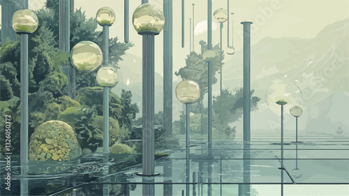The image depicts an abstract botanical installation featuring numerous glass spheres affixed to metallic poles of varying heights.  These spheres appear to contain plant life or water, creating a