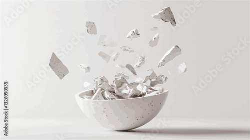 A high-key image depicting a white, semi-spherical bowl on a white background.  From the bowl, numerous small, irregularly shaped white fragments are dispersed upwards, creating a sense of motion