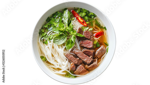 A bowl of beef pho with rice noodles and fresh herbs