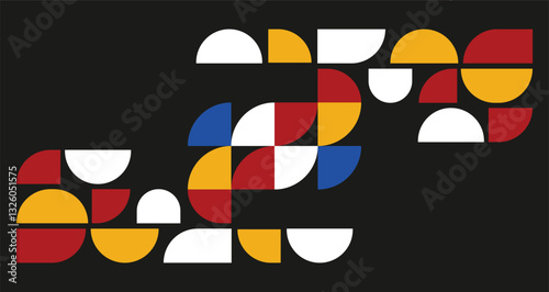 Colorful bauhaus style poster with geometric shapes on black