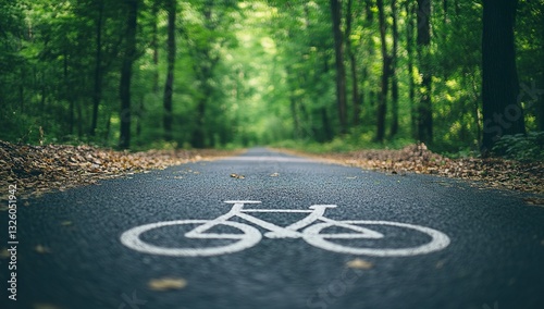 A photograph of an asphalt road with white bicycle signs on the side, set in a forest environment during daylight. 