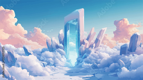 Digital illustration depicting a stylized gateway or portal resembling a tall, rectangular structure with a translucent, light blue interior.  It's situated amidst a landscape of fluffy white and