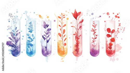 The image showcases seven watercolor illustrations of plants and flowers contained within clear test tubes. Each test tube displays a unique plant species with a distinctive color palette—ranging