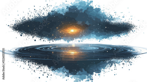 The image depicts a digital rendering of a celestial event, possibly a galactic collision or nebula formation.  The visual elements include two swirling, cloud-like formations primarily in shades