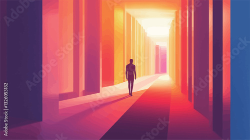 Digital illustration depicting a stylized silhouette of a man walking down a brightly lit corridor or pathway. The corridor is formed by tall, vibrant columns in shades of orange, red, and yellow,