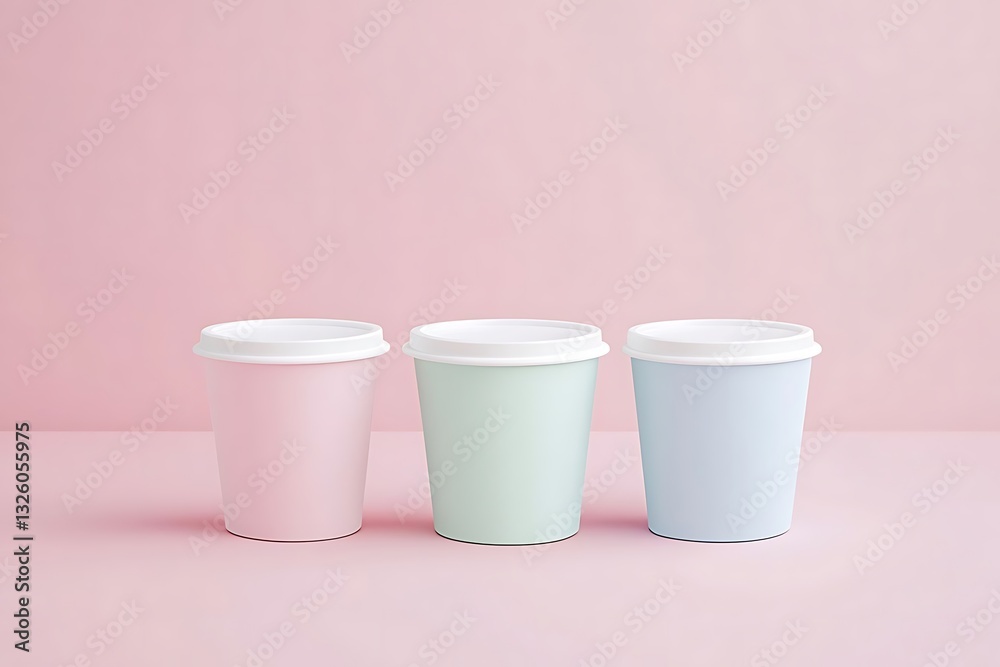 Ultra-realistic ice cream tub set on pastel background: four identical cups with white lids, aligned in a row, minimalist style with soft lighting and gentle shadows. Ultra-realistic ice cream tub set on pastel background: four identical cups with white lids, aligned in a row, minimalist style with soft lighting and gentle shadows.