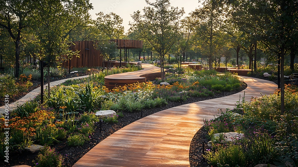 Obraz premium Serene Garden Path Winding Wooden Walkway Lush Flowers Tranquil Park Setting at Sunset