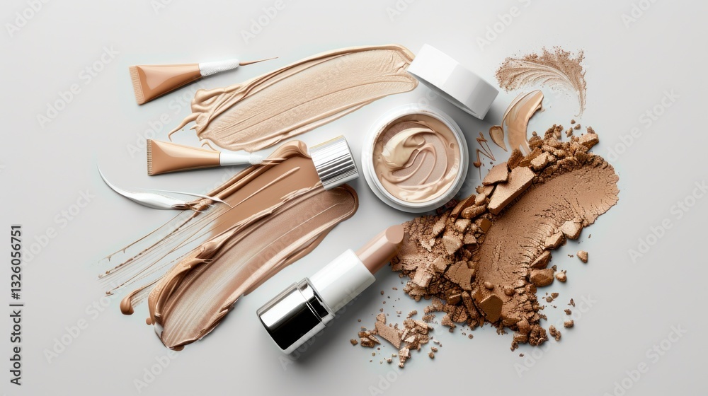 Fototapeta premium Cosmetic Products Arrangement with Creams, Foundations, and Colors