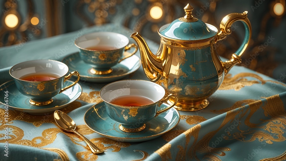 Tea set on velvet fabric with an elegant mood, representing luxury and refinement, against a rich textured backdrop Tea set on velvet fabric with an elegant mood, representing luxury and refinement, against a rich textured backdrop
