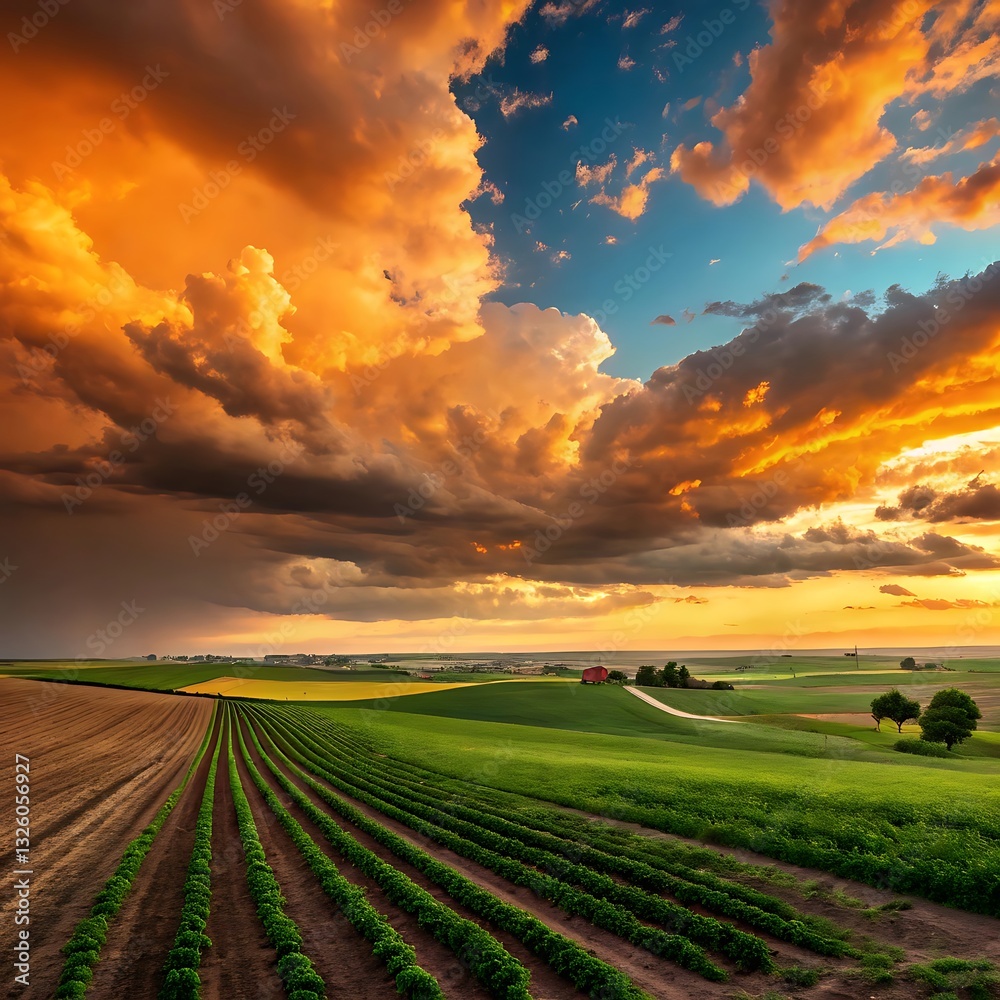 Obraz premium Serene Sunset Over Rolling Farmlands, Painting A Vibrant Landscape Of Hope And Renewal With Dramatic Fiery Clouds And Soft Golden Light