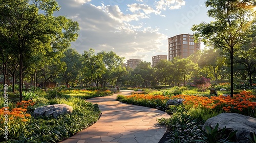 Serene Sunset Stroll Winding Pathway Through Lush Urban Park with Modern Buildings