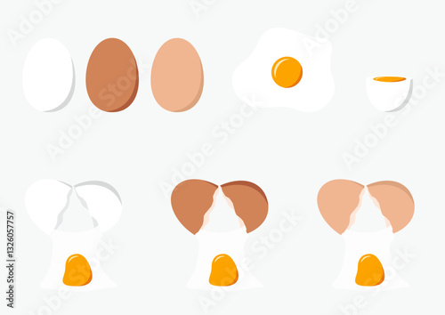 Egg variations including whole eggs in different colors, fried egg, boiled egg, and cracked eggs