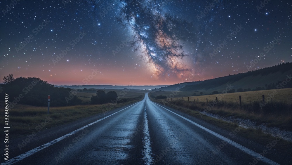 Fototapeta premium Milky Way over a road with a peaceful mood, symbolizing adventure and wonder under a starry night sky