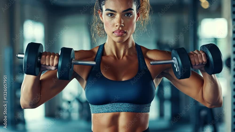 Intense focus and strength in shoulder workout with dumbbells at the gym Intense focus and strength in shoulder workout with dumbbells at the gym