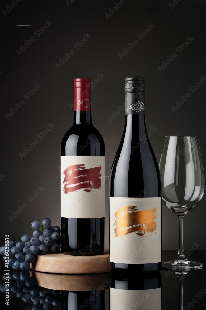 Elegant Display of Wine Bottles and Glasses on a Reflective Surface: Wine List Template, Restaurant Menu, Premium Brand Advertisements, Poster Mockup, Copy Space Background. Elegant Display of Wine Bottles and Glasses on a Reflective Surface: Wine List Template, Restaurant Menu, Premium Brand Advertisements, Poster Mockup, Copy Space Background.