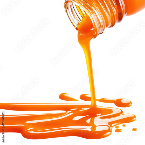 isolated transparent Background. Pouring orange liquid from bottle, creating vibrant stream and puddle