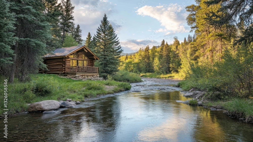 Obraz premium Picturesque wooden cabin alongside tranquil flowing river surrounded by lush forest