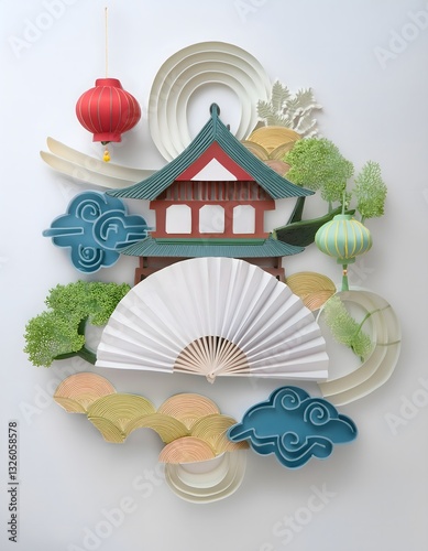 illustration showing various traditional elements of Korean culture on a white background 