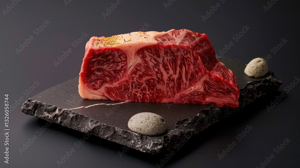 Obraz premium Premium Quality Wagyu Beef Steak on Dark Slate with Decorative Stones