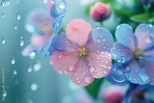 Soft-focus rain-covered window with pastel flowers behind glass, featuring delicate water droplets and a dreamy, blurred aesthetic.