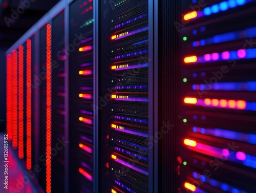 cyber attack hacking response, Colorful server lights in a data center, showcasing technology and modern infrastructure.